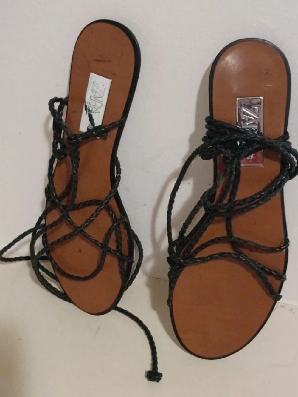 Zara Black Braided Lace-Up Flat Sandals with Tan Footbed